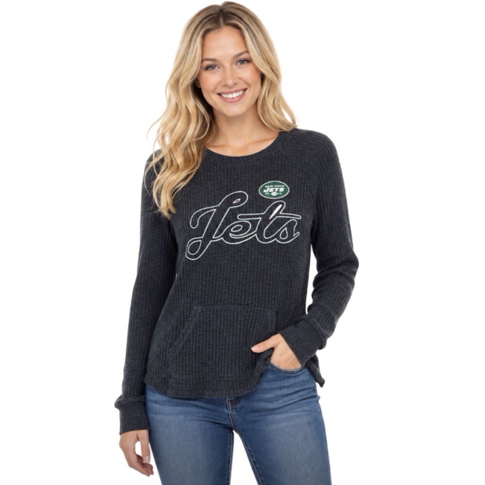 New York Jets Women's Top Size Medium Long Sleeve Thermal Kangaroo Pouch Pocket